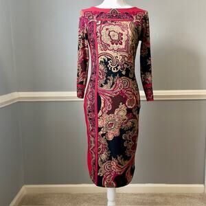 Cache Vintage 90s Red Black Paisley Sheath Dress Size 6 Boho Glam
